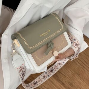Fashionable bag for women, versatile new crossbody bag, casual, contrasting color, small square bag, wide shoulder strap, for party date school outdoor gift Fashion Flap Shoulder Bag, Women's Buckle Decor Crossbody Purse With Wide Strap