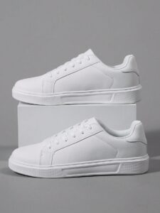 Men's Round Toe Lace Up Soft Sole Casual Athletic Shoes In White, Pu Leather Upper, Low Cut Sneakers For Spring And Autumn