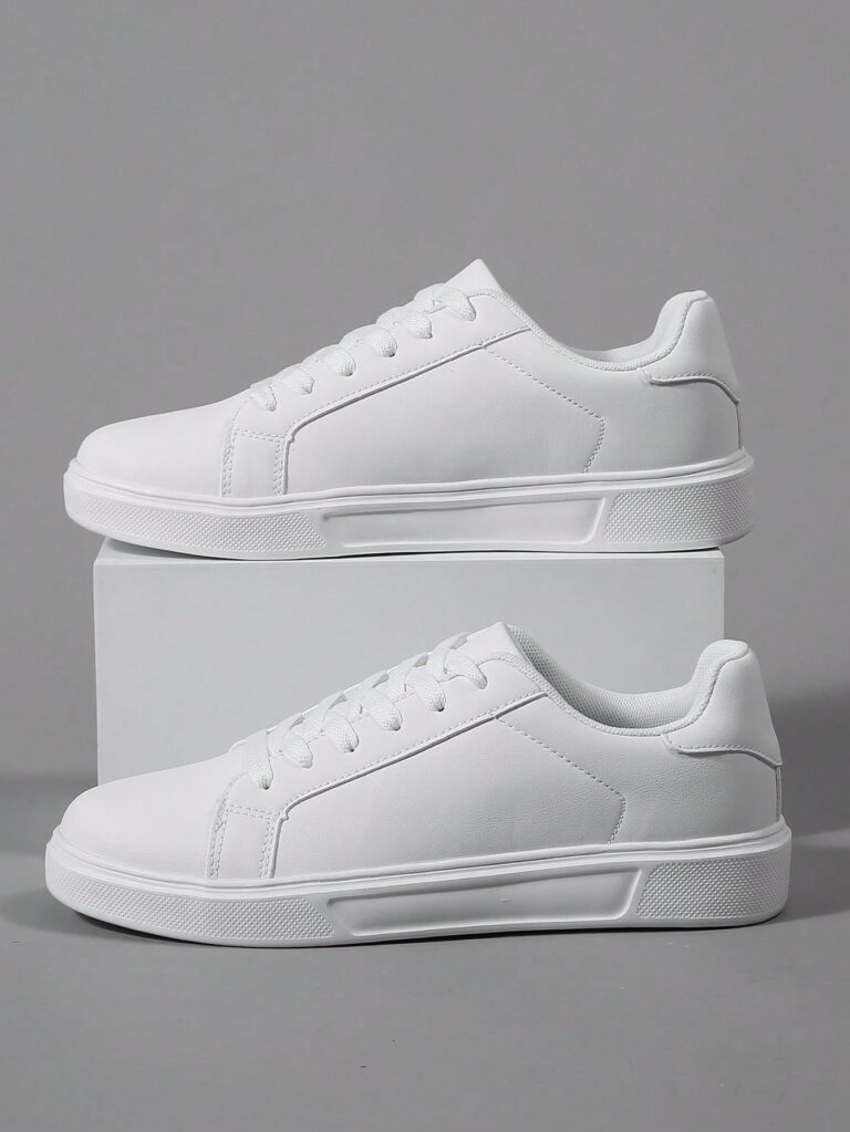 Men's Round Toe Lace Up Soft Sole Casual Athletic Shoes In White, Pu Leather Upper, Low Cut Sneakers For Spring And Autumn