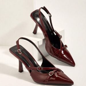 Sexy Burgundy Cross Strap Buckle Stiletto High Heel Sandals With Pointed Toe For Wedding Party