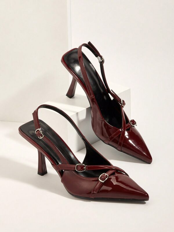 Sexy Burgundy Cross Strap Buckle Stiletto High Heel Sandals With Pointed Toe For Wedding Party