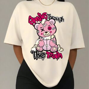 Slim Fit Casual Short Sleeve T-Shirt, Summer Outfit, Leisure & Comfortable, Round Neck, Fashionable Streetwear, Printed With 'Smile Through The Pain' And Bear Design, Smile Through The Pain Graphic Tees Women Tops