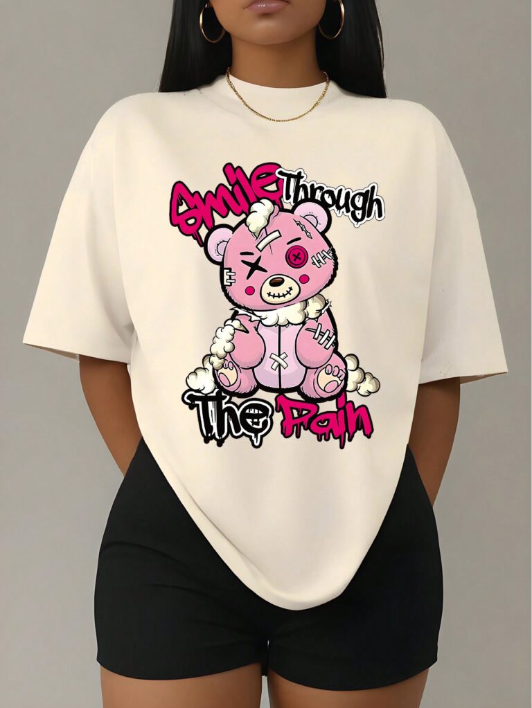 Slim Fit Casual Short Sleeve T-Shirt, Summer Outfit, Leisure & Comfortable, Round Neck, Fashionable Streetwear, Printed With 'Smile Through The Pain' And Bear Design, Smile Through The Pain Graphic Tees Women Tops