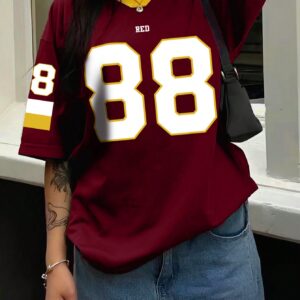 INAWLY Women's V-Neck Letter & Number Print Color-Block Short Sleeve Loose T-Shirt, Summer Jersey Shirt Graphic Tees Women Tops