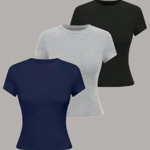 LUNE Women's Round Neck Short Sleeve Solid Color Casual Simple Fitted Blouse