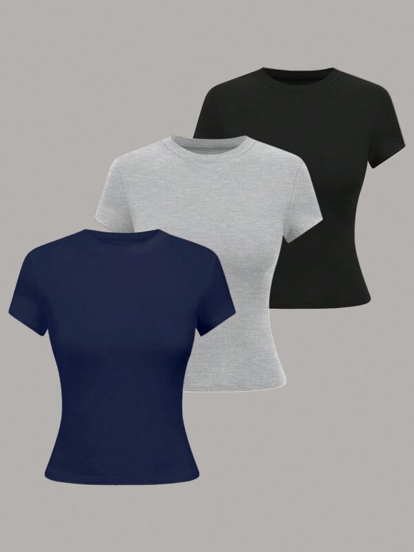 LUNE Women's Round Neck Short Sleeve Solid Color Casual Simple Fitted Blouse