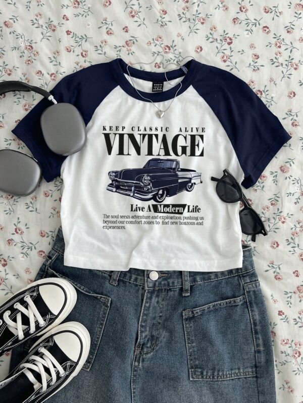 Attitoon Casual Minimalist VINTAGE Retro Car Print Crew Neck Short Sleeve Cropped Fitted T-Shirt For Women, Ideal For Summer