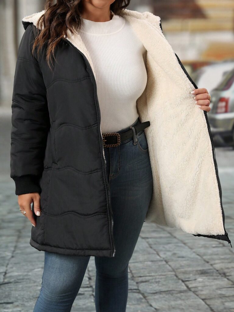 LUNE Plus Size Front Zip-Up Long Sleeve Minimalist Hooded Padded Coat, Casual Daily Wear, Winter Coat