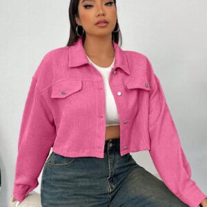 SHEIN EZwear Valentine's Day,Plus Size Women Casual Solid Color Corduroy Short Jacket, Spring/Autumn
