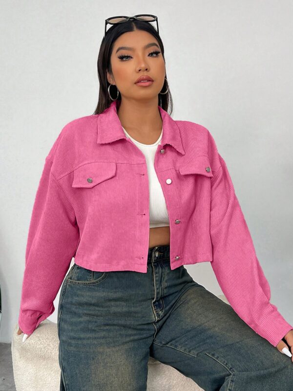 SHEIN EZwear Valentine's Day,Plus Size Women Casual Solid Color Corduroy Short Jacket, Spring/Autumn