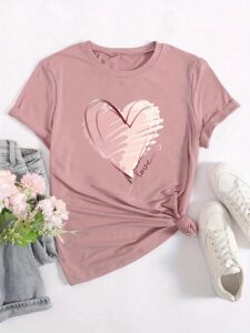 INAWLY Women Round Neck Short Sleeve Fashion Heart Print Casual Daily T-Shirt Graphic Tees Women Tops