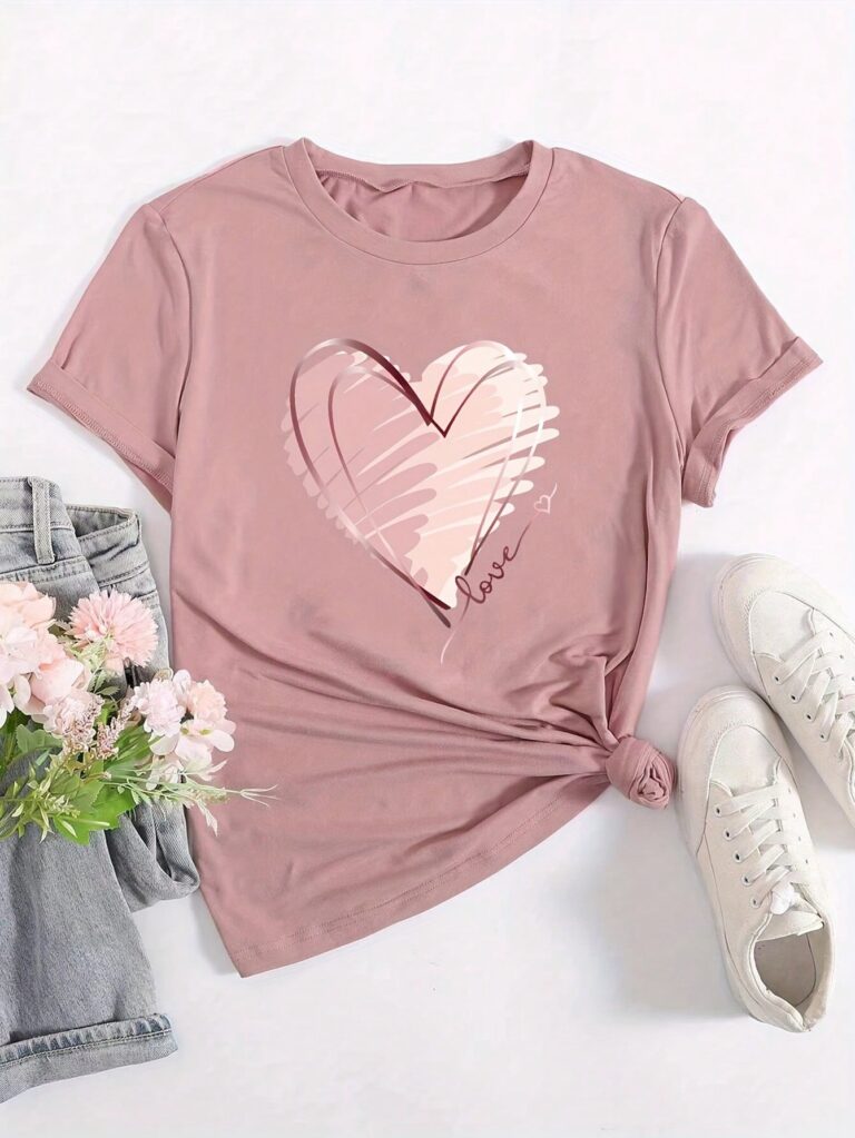 INAWLY Women Round Neck Short Sleeve Fashion Heart Print Casual Daily T-Shirt Graphic Tees Women Tops