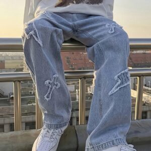 Men's Distressed Lightning & Cross Embroidered Light Blue Denim Jeans