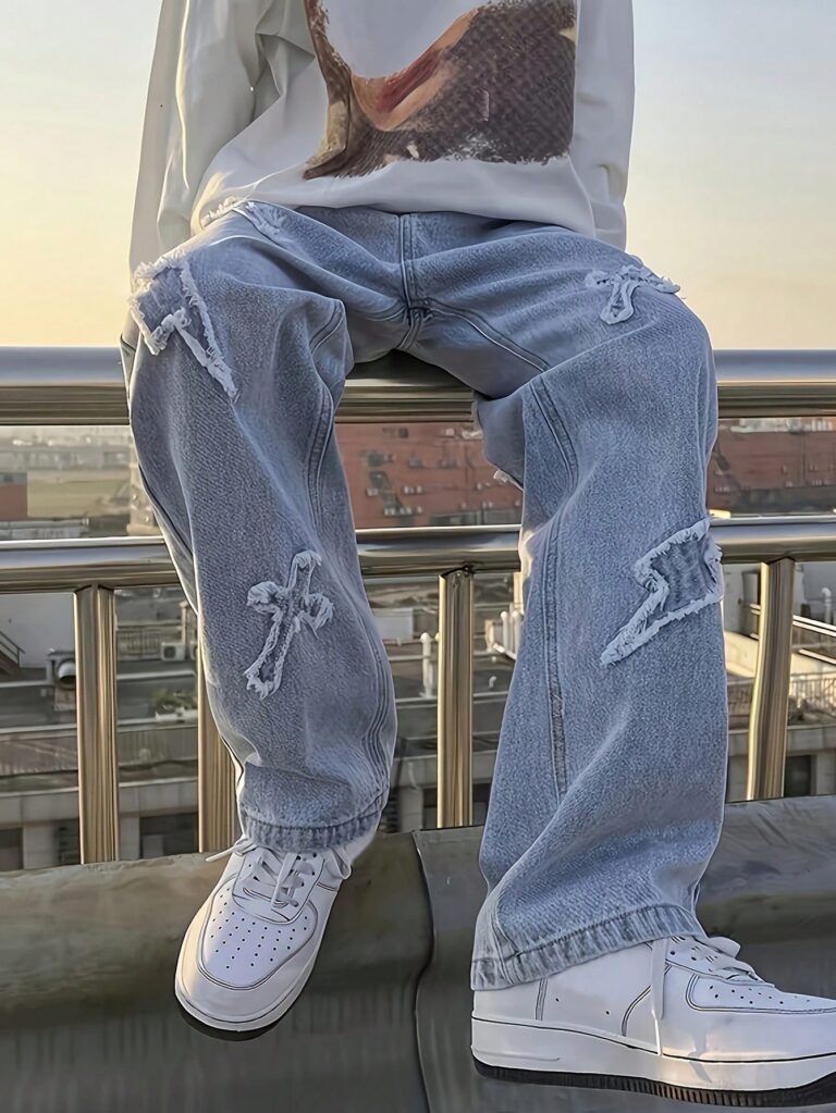 Men's Distressed Lightning & Cross Embroidered Light Blue Denim Jeans