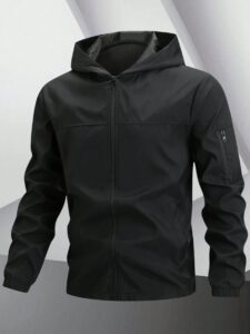 Manfinity Men Hooded Zip-Up Jacket & Coat, Going Out Hooded Black Long Sleeve Light Jacket, For Friends, Husband, Boyfriend Gifts