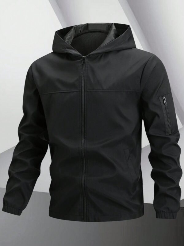 Manfinity Men Hooded Zip-Up Jacket & Coat, Going Out Hooded Black Long Sleeve Light Jacket, For Friends, Husband, Boyfriend Gifts