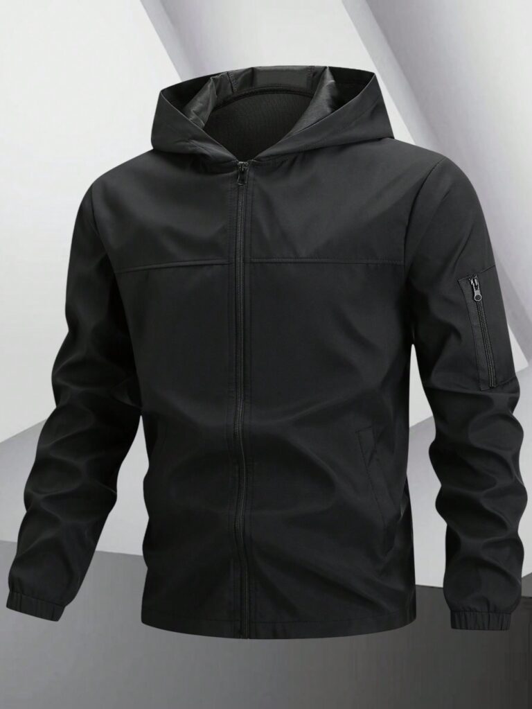 Manfinity Men Hooded Zip-Up Jacket & Coat, Going Out Hooded Black Long Sleeve Light Jacket, For Friends, Husband, Boyfriend Gifts