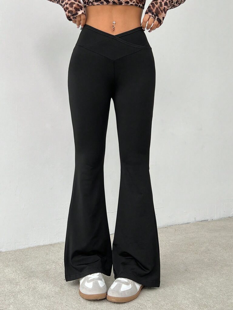 SHEIN PETITE Simple Solid Color Wrap High Waist Flared Pants