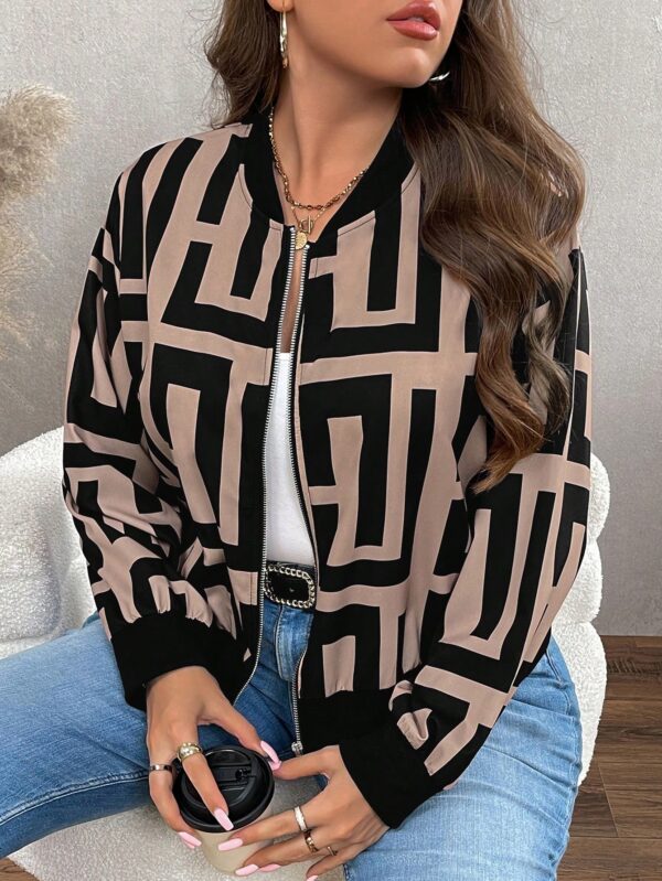 LUNE Plus Size Women Geometric Print Drop Shoulder Long Sleeve Zipper Front Casual Baseball Jacket, Autumn