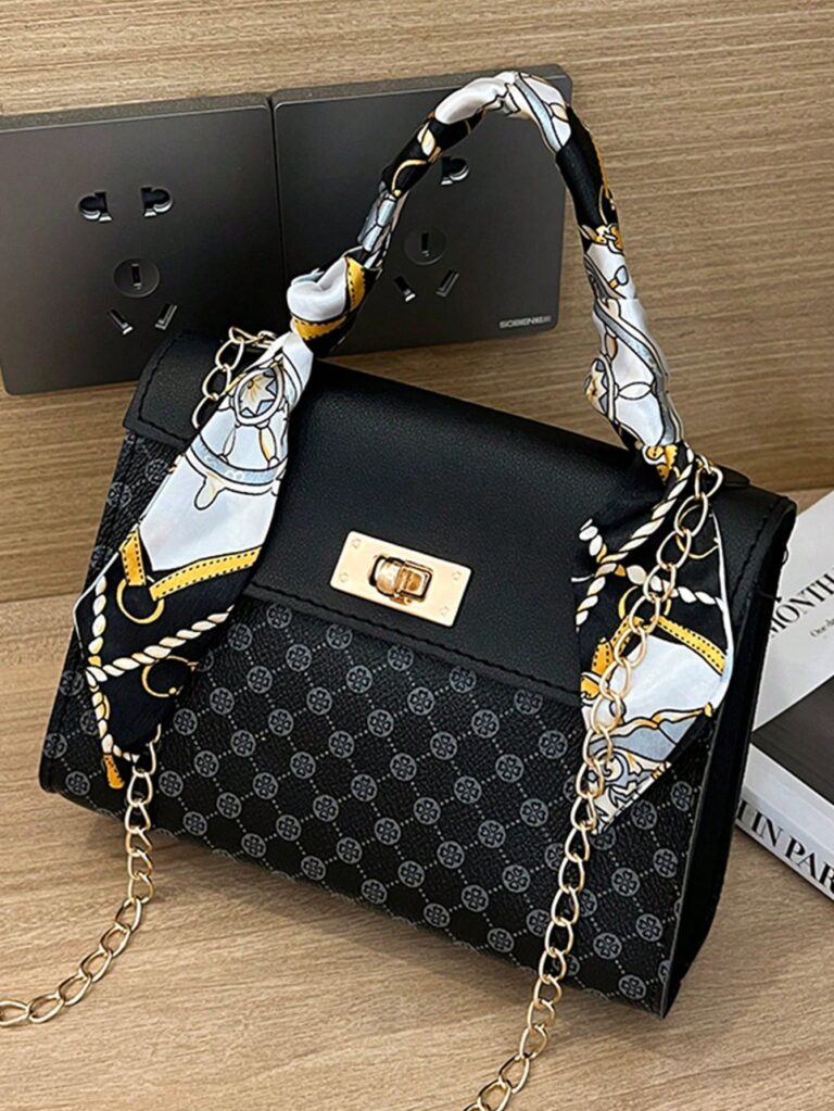 New Fashion Mini Silk Scarf Crossbody Chain Bag, Women Shoulder Tote Handbag With Removable Polka Dot Small Square Bag & Scarf