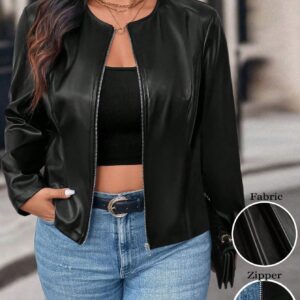 LUNE Plus Size Solid Color Front Zip Long Sleeve Casual Jacket