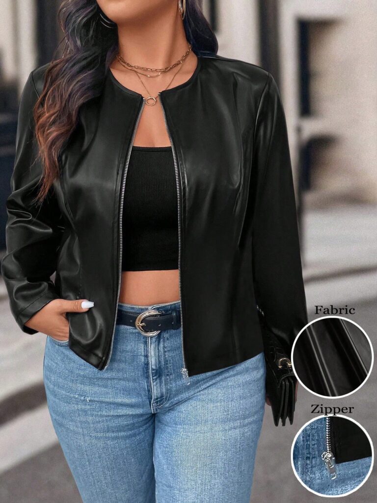LUNE Plus Size Solid Color Front Zip Long Sleeve Casual Jacket