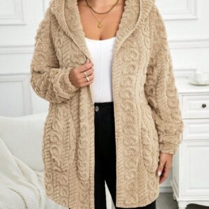 SHEIN LUNE Plus Size Reversible Heart Pattern Fluffy Hooded Jacket, For Winter