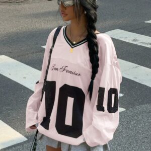 New V-Neck Casual Sports Letter & Graphic Splice Oversized Loose Long Sleeve T-Shirt, Pink