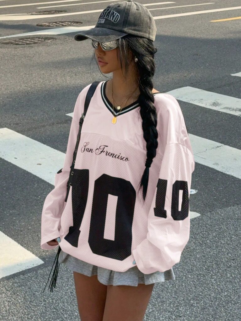 New V-Neck Casual Sports Letter & Graphic Splice Oversized Loose Long Sleeve T-Shirt, Pink