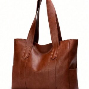 1pc Premium Solid Color PU Leather Tote Bag, Suitable For Work Commute Or Daily Use, Handheld Or Shoulder Carry