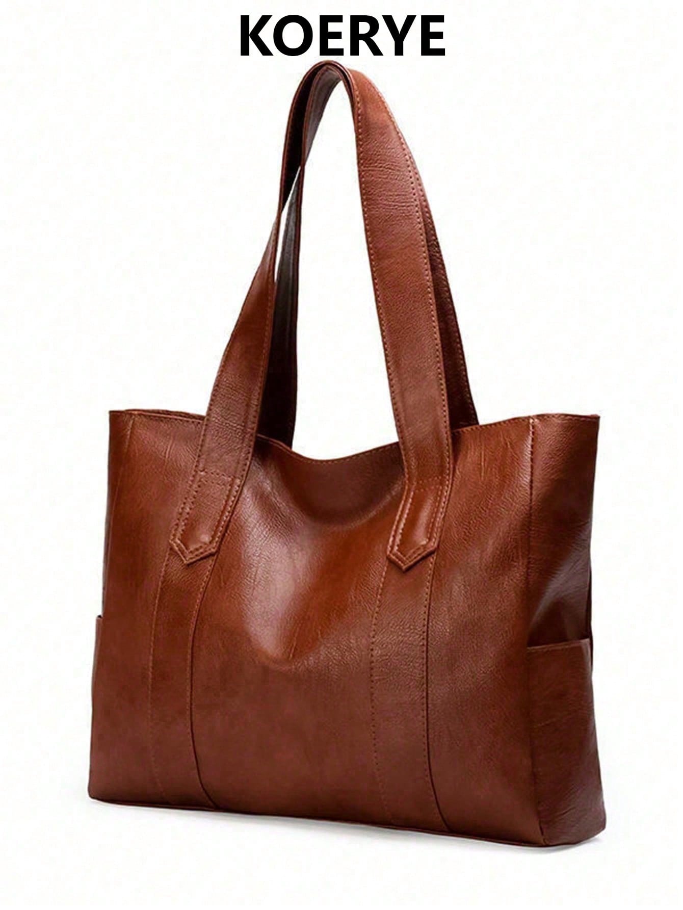 1pc Premium Solid Color PU Leather Tote Bag, Suitable For Work Commute Or Daily Use, Handheld Or Shoulder Carry