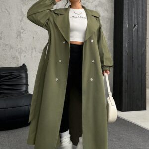 SHEIN EZwear Plus Size Women Lapel Collar Long Sleeve Olive Green Long Trench Coat For Autumn Winter