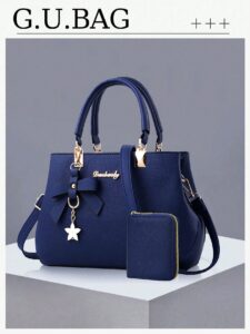 2pcs/Set Ladies' Solid Color Handbag And Card Holder With Pu Material And Bowknot Pendant,Valentine's Day Gifts Suitable For Daily Casual,Shopping,Business Commute,School Bag Set,Portable,Classic Casual,Business Casual,For Teen Girls Women College Students,White-Collar Workers,College,Perfect For Office,Elementary School
