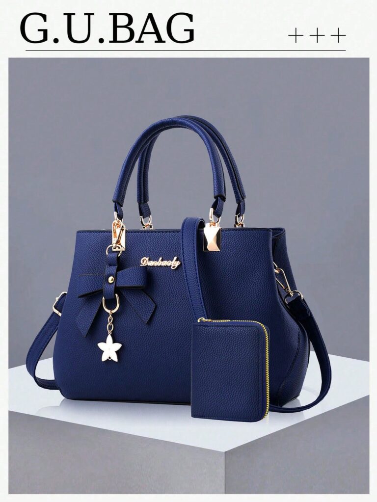 2pcs/Set Ladies' Solid Color Handbag And Card Holder With Pu Material And Bowknot Pendant,Valentine's Day Gifts Suitable For Daily Casual,Shopping,Business Commute,School Bag Set,Portable,Classic Casual,Business Casual,For Teen Girls Women College Students,White-Collar Workers,College,Perfect For Office,Elementary School