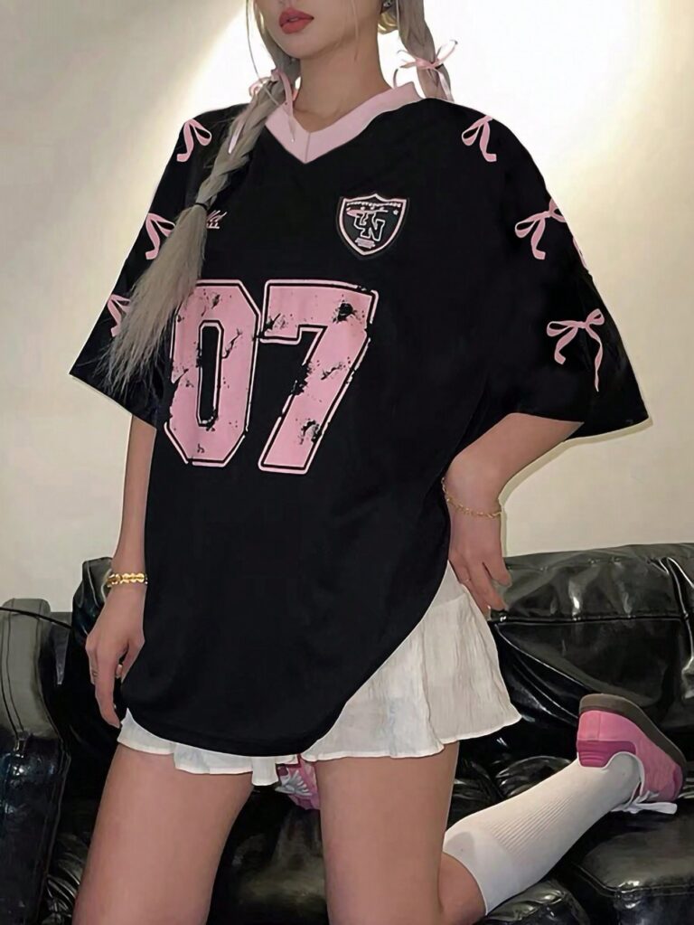 INAWLY Women's Crew Neck Mid Sleeve Bow & Number Print Simple Casual T-Shirt Graphic Tees Women Tops